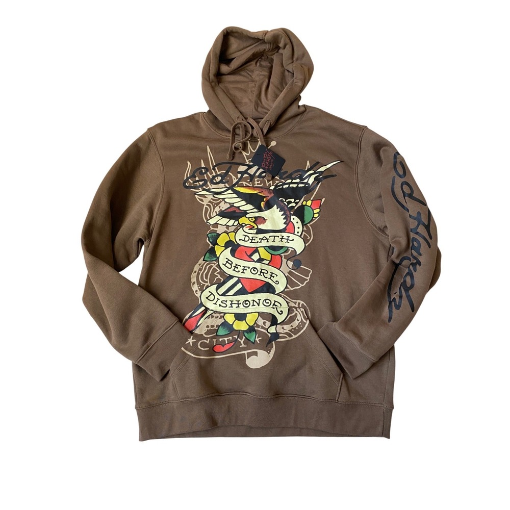 Ed Hardy Death Before Dishonor Hoodie Mens L Mocha Brown Skater Bikercore NWT